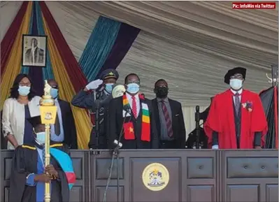  ?? ?? Pic: InfoMin via Twitter
President Emmerson Mnangagwa (wearing scarf) officiates at the Gwanda State University graduation ceremony last Friday