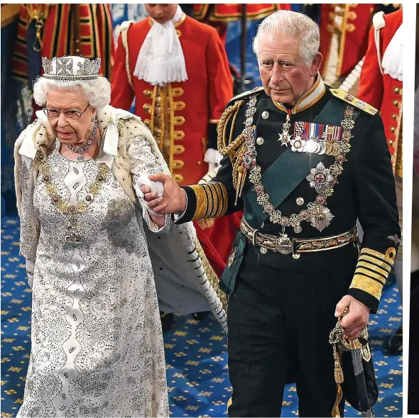  ?? ?? Deep bond: Charles escorts the Queen through the Palace of Westminste­r at the state opening of parliament in 2019