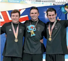  ?? GETTY IMAGES ?? The New Zealand men’s sprint team Ethan Mitchell, left, Eddie Dawkins and Sam Webster are seek to return to their gold medal-winning exploits from last year’s Commonweal­th Games at the World Cup event in Cambridge this weekend.