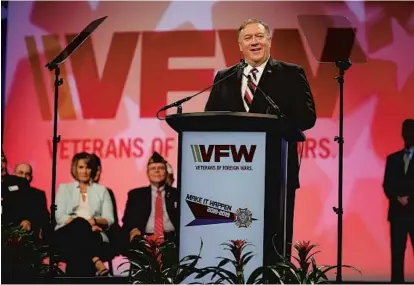  ?? RICARDO RAMIREZ BUXEDA/ORLANDO SENTINEL ?? Secretary of State Mike Pompeo was the keynote speaker during the 120th Annual Veterans of Foreign Wars National Convention on Monday.