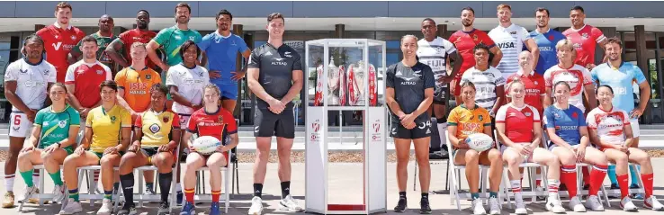  ?? Photo: Mike Lee/ KLC fotos/ World Rugby ?? All the 24 captains at the captain’s photo prior to the HSBC Hamilton Sevens at Kaute Pasifika Pan Pacific Community Centre on January 18, 2023. Fijian men’s captain Waisea Nacuqu (standing fifth from right in the back row) and Fijiana captain Rusila Nagasau (standing fourth from right in the middle row).