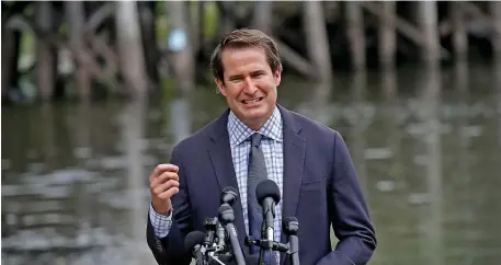  ?? MATT STONE / HERALD STAFF FILE ?? ‘BASIC HUMAN RIGHT’: U.S. Rep. Seth Moulton, speaking here in September in Bedford, has introduced a bill tackling combined sewer overflows, which dump untreated sewage into rivers.