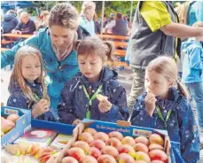  ?? FOTOS: LENA REINER ?? Im bunten Programm des Apfeltags dürfen sich Groß und Klein überzeugen, dass die Äpfel trotz Frost lecker schmecken.