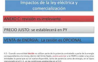  ??  ?? Presentaci­ón sobre los impactos que podría tener la ley eléctrica en la energía disponible no consumida, según el ingeniero Javier Villate.