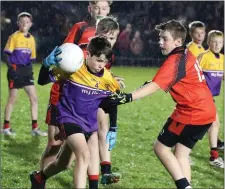  ??  ?? James Breen of Bannow has his jersey tested by Matthew Ryan.