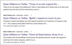  ?? ?? GOOGLE ENTRIES remain of comments removed from Twitter by Dylan Williams. (Screenshot)