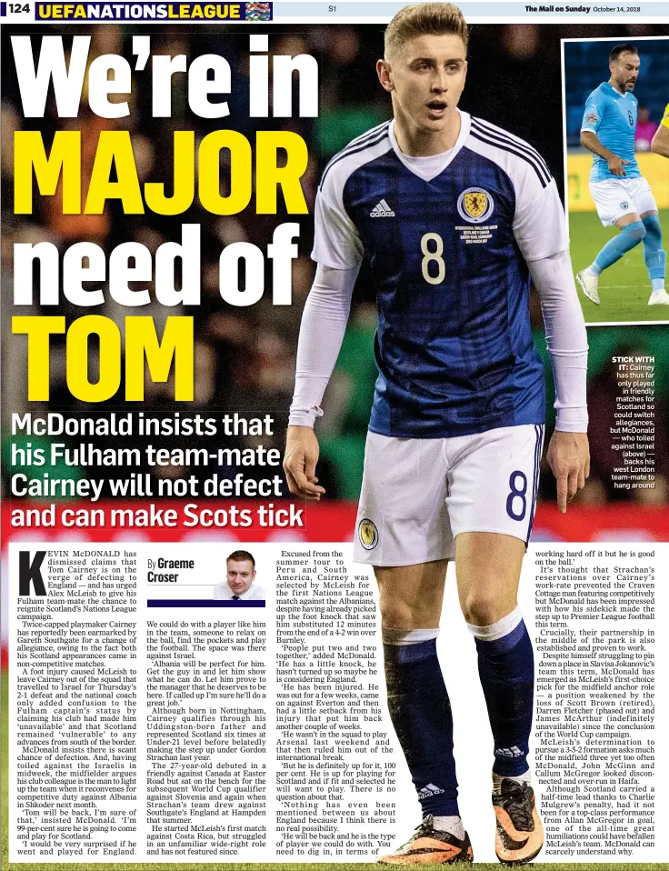  ??  ?? STICK WITH IT: Cairney has thus far only played in friendly matches for Scotland so could switch allegiance­s, but McDonald — who toiled against Israel (above) — backs his west London team-mate to hang around