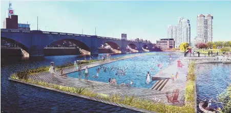  ?? COURTESY OF STANEC ?? TAKE A DIP: An artist’s rendering of a proposed swim area at North Point Park in the Charles River. A nonprofit group has scheduled two meetings to solicit ideas about how the park should be used.