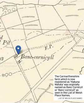  ?? LIST OF WELSH PLACE NAMES ?? The Carmarthen­shire farm which is now registered as ‘Hakuna Matata’ was orginially named as Banc Cornicyll or ‘Banc-cornicyll’ as seen in the List of Welsh Place Names.
