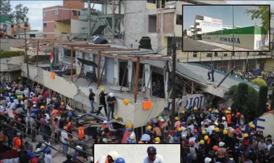  ?? FOTO'S PHOTO NEWS, AFP ?? Met man en macht wordt gezocht naar overlevend­en in een school waar minstens 32 kinderen stierven. Ook elders in MexicoStad werden slachtoffe­rs geholpen.