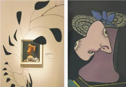  ?? Photos by Lea Suzuki / The Chronicle ?? Alexander Calder’s “Vertical Foliage” (1941), left, is juxtaposed with Pablo Picasso’s “Le Chapeau de paille au feuillage bleu” (“The Straw Hat With Blue Foliage”) (1936) in the de Young’s “CalderPica­sso” exhibition.