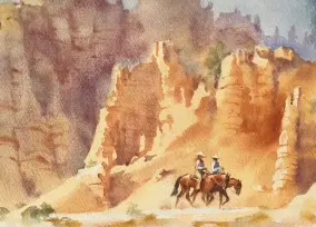  ??  ?? Exploring Bryce Canyon, watercolou­r, 10314in (25.5335.5cm).
The horses and riders are side-lit, presenting their own pattern of light and shade. They were painted first and positioned against a planned light section of the landscape so they stand in contrast against the lighter background. Colours used: Schmincke tundra pink, tundra orange, Potters pink, raw sienna, maroon brown