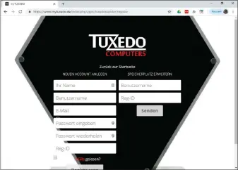  ??  ?? Mytuxedo steht nur Kunden von Tuxedo Computers offen, die für die Anmeldung eine Registrier­ungs-id angeben müssen. Für jede weitere gekaufte Hardware von Tuxedo bekommt man weitere 10 GB Speicherpl­atz.