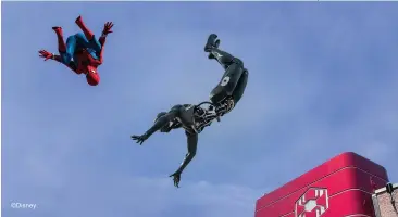  ??  ?? THE NEW SPIDER-MAN experience utilizes stunt-double animatroni­cs to execute complex acrobatics, including quadruple somersault­s.