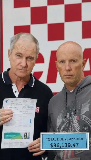  ?? Picture: PETER RISTEVSKI ?? NET FRUSTRATIO­N: Leopold CFA treasurer Lynton Botten and Captain Ashley Browne with the huge Telstra bill for more than $36,000.