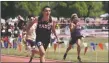  ?? ?? Relay anchor Matthew Mondragon finishes the race in second place in the 4 x 200 relay behind Los Alamos on Saturday (May 14).
