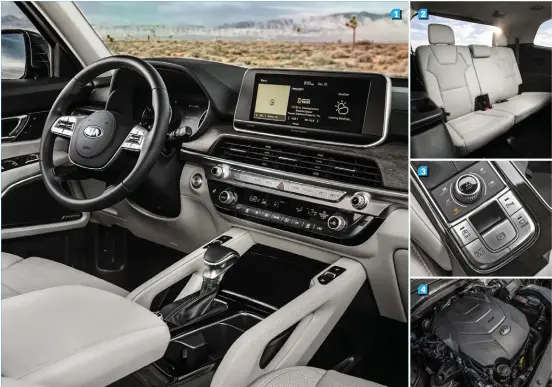  ??  ?? 1. A traditiona­l cabin with the ruggedness that an SUV deserves. 2. The third row can even seat adults 3. Drive modes are available as is an electric parking brake. 4. The large V6 petrol engine is used by both Kia and Hyundai