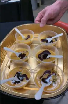  ??  ?? Butternut squash soup samples await visitors to the Healthy Cooking demonstrat­ion.