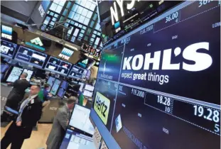  ?? ASSOCIATED PRESS ?? In a May 12, 2016, file photo, the Kohl’s logo appears above its trading post on the floor of the New York Stock Exchange. The post-holiday season is biting back at Macy’s and Kohl’s, with the retailers’ shares tumbling in trading on Thursday following...