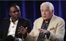  ?? DAN STEINBERG — THE ASSOCIATED PRESS FILE ?? Actor and comedian Wayne Brady, left, looks on as television game show host Monty Hall answers a question about the new “Let’s Make A Deal” game show at the CBS Summer Press Tour in Pasadena Former “Let’s Make a Deal” host Hall has died after a long illness at age 96. His daughter Sharon Hall says he died Saturday at his home in Beverly Hills.