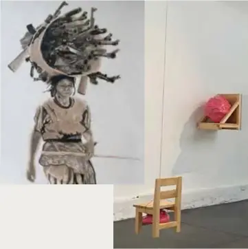  ??  ?? Desenho de Manuel Chavajay, feito com óleo queimado sobre papel algodão; detalhe da instalação Retaal K’aslemaal (2020/2021), exposta na 22a Bienal da Guatemala; na página ao lado, Sem Título (2012), aquarela de Chavajay