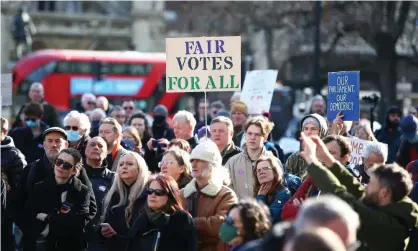  ?? ?? A protest against the elections bill in Parliament Square, London, in February. Photograph: Hollie Adams/Getty Images