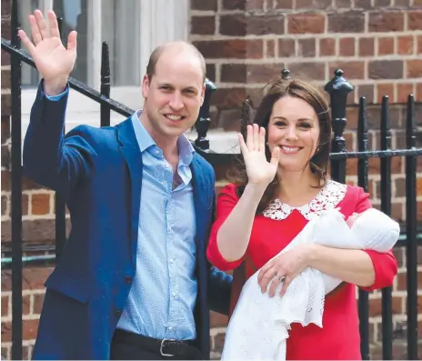  ?? Picture: AFP PHOTO ?? Royals William and Kate follow the party line and show off newly born son Louis outside the hospital last year.