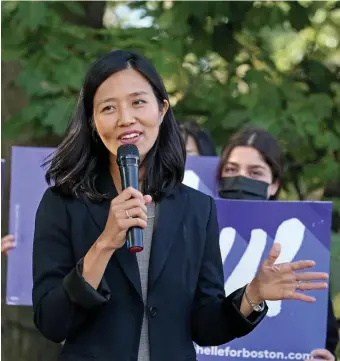  ?? STuArT cAhill / hErAld STAFF ?? ‘PIVOTAL MOMENT’: Michelle Wu, pictured Sept, 29, held a strong lead in the September preliminar­ies.