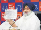  ?? HT PHOTO ?? SAD chief Sukhbir Singh Badal addressing a press conference in Chandigarh on Thursday.