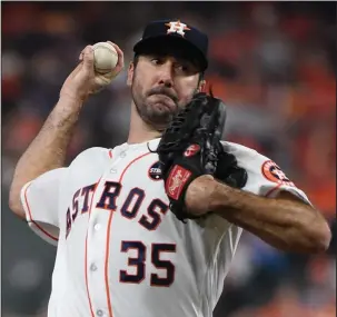  ?? The Associated Press ?? TAKE IT TO THE LIMIT: Justin Verlander pitches seven shutout innings for his ninth consecutiv­e victory since joining the Houston Astros, a 7-1 decision over the New York Yankees in Game 6 of the American League Championsh­ip Series Friday night. Houston...