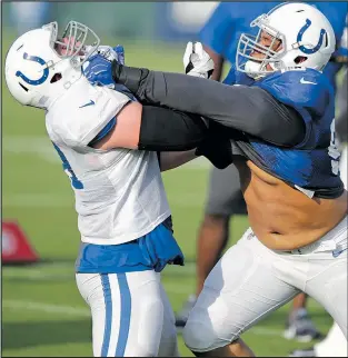  ?? AP ?? NFLers such as Colts’ Adam Redmond (left) and Al Woods could see practices in pads being reduced to one a week if the league adopts a CFL initiative.