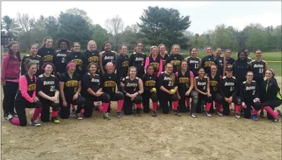  ?? Photo by Branden Mello ?? In what has become an annual tradition when the North Smithfield and Davies softball teams meet, Tuesday’s Division II contest was a Pink Out game to raise cancer awareness. The first-place Northmen earned a 14-4 victory in six innings.