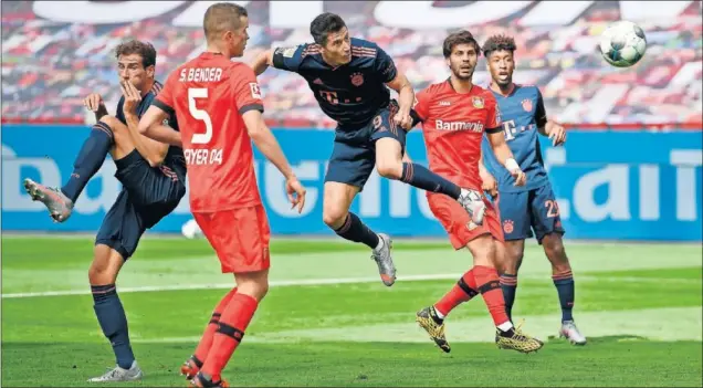  ??  ?? Lewandowsk­i cabecea a gol un centro de Müller que significó el cuarto gol del Bayern ayer ante el Leverkusen.