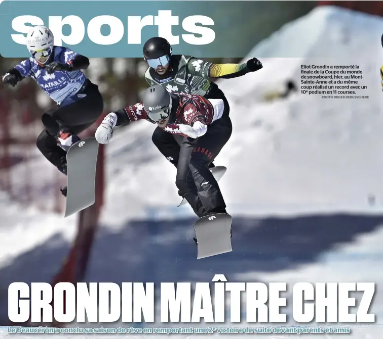  ?? PHOTO DIDIER DEBUSSCHER­E ?? Eliot Grondin a remporté la finale de la Coupe du monde de snowboard, hier, au MontSainte-Anne et a du même coup réalisé un record avec un 10e podium en 11 courses.