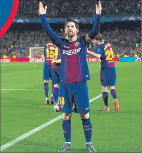  ?? FOTO: EFE ?? Leo Messi, imparable Así celebró con el Camp Nou su segundo gol ante el Chelsea