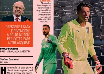  ?? ANSA, GETTY ?? IL PORTIERE Alessandro Plizzari sogna di ripercorre­re il cammino di Gigio Donnarumma (sotto), titolare tra i pali del Milan dal 2015