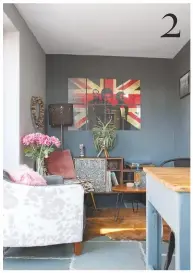  ??  ?? 2&5 DINING ROOM/SNUG
The table is a potting bench that Joolz painted, while the snug is perfect for her ‘me time’. Tolix-style chairs, £69 each, Cult Furniture. Muse Union Jack poster, from £4.99, ebay
