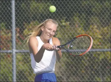  ?? The Sentinel-Record/Richard Rasmussen ?? SOPHOMORE NO. 1: Lakeside sophomore Haley Fauber returns a serve during her semifinal match Tuesday at the 5A-South district tournament at Lakeside. Fauber defeated Benton’s Alex Trudell in the girls’ singles final, 6-2, 6-1.