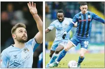  ??  ?? SALUTE: Coventry’s Matt Godden celebrates his goal and Fankaty Dabo tracks Rochdale’s Ian Henderson