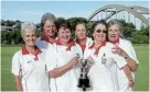  ?? ?? KICKER: The Port Alfred winners of the Vroom Cup played against Kowie are, from left, Mary McLean, Julie Sluziuk, Lynda Schoning, Elzabe Rodrigues and Joan Jacobs. Port Alfred ladies’ club captain Joanne Brown is fourth from right. Absent: Collette Reid.