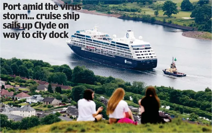  ??  ?? CRUISE ship the Azamara Journey made quite a picture as it sailed up the River Clyde in Glasgow yesterday. It was on its way to the city’s George V Dock to join sister vessels the Azamara Pursuit and Azamara Quest. All three ships will remain near Glasgow until the cruise industry is allowed to restart following the Covid-1 crisis