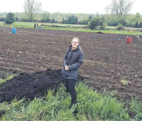  ?? MARKCULLEN.COM ?? After taking possession of their 1,000-sq.-ft. allotment garden on a rainy day last May, Ben’s fiancée Sam gets set to spread compost over the prepared soil.