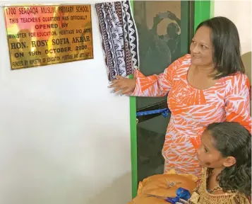  ?? Photo: Shratika Naidu ?? Minister for Education, Heritage and Arts Rosy Akbar at the Seaqaqa Muslim Primary School in Macuata on October 19, 2020.