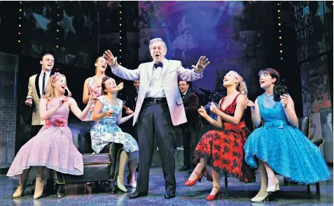  ??  ?? Des O’connor with artists of the company in Dreamboats and Petticoats at The Playhouse Theatre, London, in 2011, when he joined the West End musical for a limited season