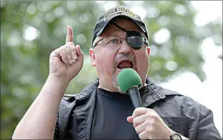  ?? SUSAN WALSH / AP FILE ?? Stewart Rhodes, founder of the Oath Keepers, speaks during a rally outside the White House in Washington, June 25, 2017. Rhodes has been sentenced to 18 years in prison for seditious conspiracy in the Jan. 6, 2021, attack on the U.S. Capitol. He was sentenced Thursday after a landmark verdict convicting him of spearheadi­ng a weekslong plot to keep former President Donald Trump in power.