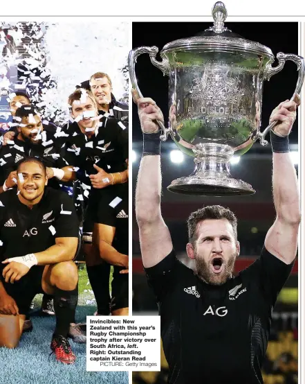  ?? PICTURE: Getty Images ?? Invincible­s: New Zealand with this year’s Rugby Championsh­p trophy after victory over South Africa, left. Right: Outstandin­g captain Kieran Read