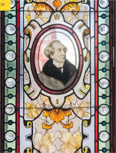  ?? TYLER ANDERSON / NATIONAL POST ?? A one-of-a-kind stained-glass window featuring an image of Sir John A. Macdonald in Meaford, Ont.