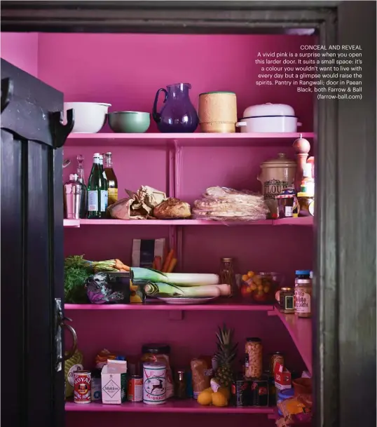  ??  ?? CONCEAL AND REVEAL A vivid pink is a surprise when you open this larder door. It suits a small space: it’s a colour you wouldn’t want to live with every day but a glimpse would raise the spirits. Pantry in Rangwali; door in Paean Black, both Farrow & Ball (farrow-ball.com)