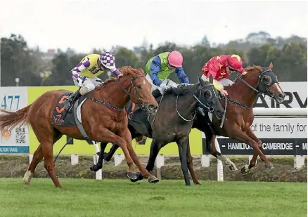  ??  ?? Sacred Rebel (outside) pouncing on Karisto and Waldorf for his Te Rapa win.