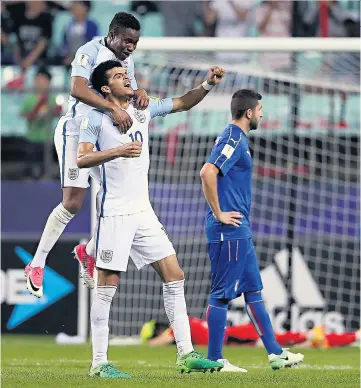  ??  ?? Young gun: Dominic Solanke celebrates England’s third goal against Italy in the Under-20 World Cup semi-final in South Korea